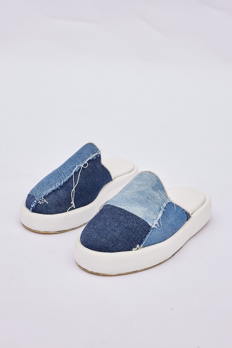 Patchwork Denim Platform Mules