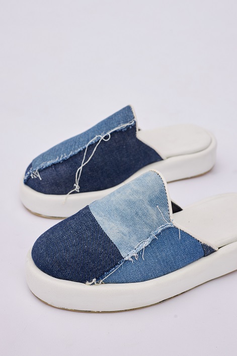 Patchwork Denim Platform Mules
