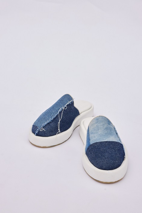 Patchwork Denim Platform Mules