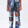 Patchwork Denim cutout pants