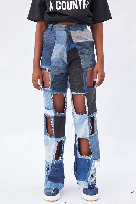 Patchwork Denim cutout pants