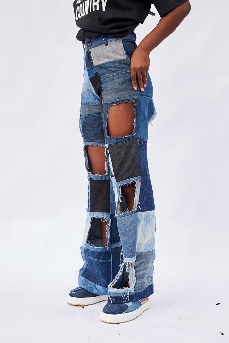Patchwork Denim cutout pants