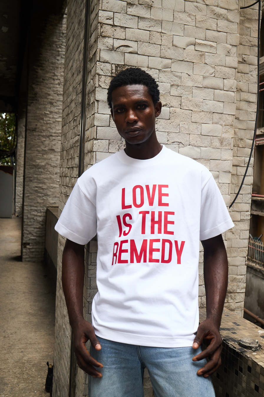 3 White 'Love is the remedy' t-shirt