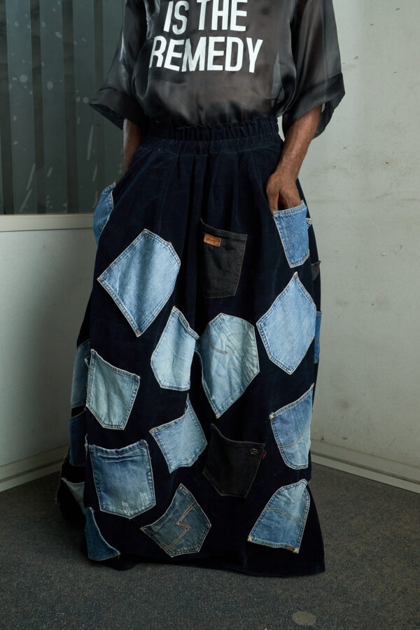 Patchwork Denim and Velvet Maxi Skirt