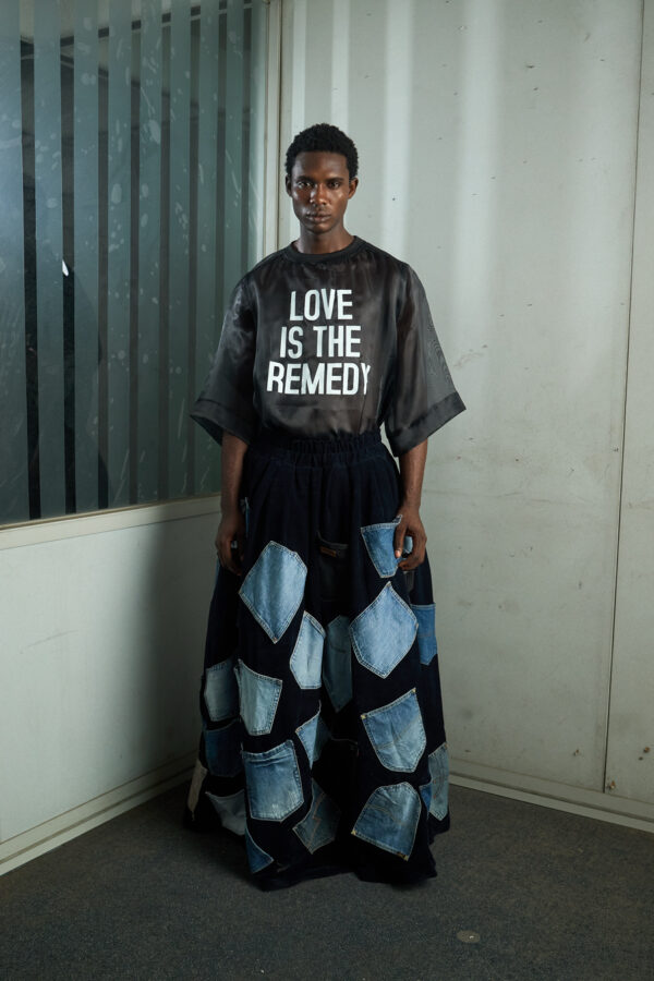 Patchwork Denim and Velvet Maxi Skirt